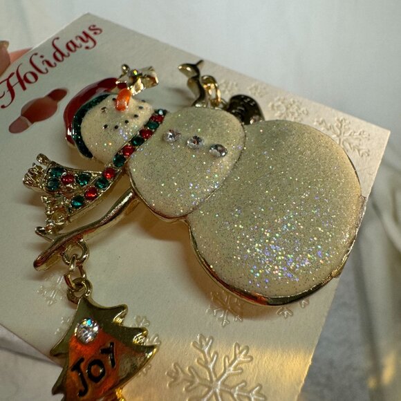 Snowman Holiday Brooch Pin Goldtone Enamel Rhinestone Table & Tower - Picture 4 of 5